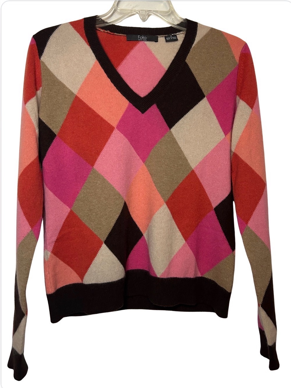 Y2K Cashmere Argyle Preppy Vintage V-Neck Sweater M
